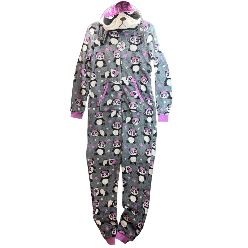Holiday Time Panda Union Suit Womens XS Grey Purple Tired Hooded Pajama Soft NWT
